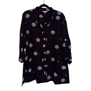 John Mark Size 1X Black White Geometric Circle Button Up Tunic Top Lagenlook Art